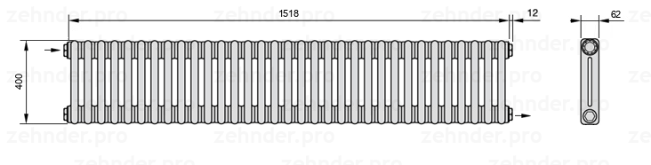 Схема (чертеж) Радиатор Zehnder Charleston 2040/33 №1670 Белый глянцевый RAL 9016